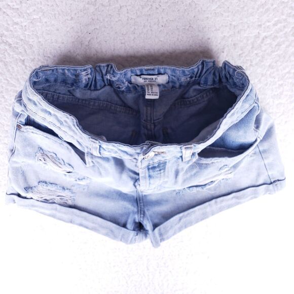 FOREVER 21 Destroyed Button Fly Rolled Cuff Jean Shorts Women Size 28 High Rise - Picture 5 of 7